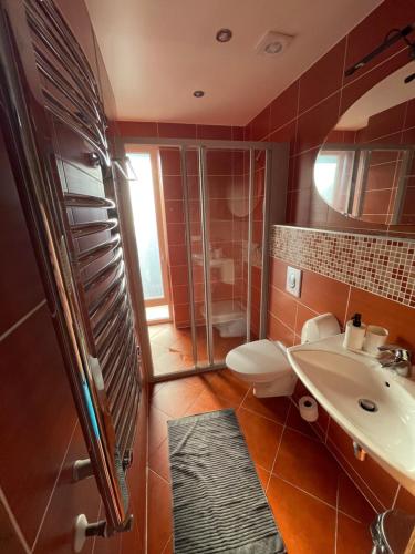 a bathroom with a toilet and a sink and a shower at Plytų 9 in Palanga