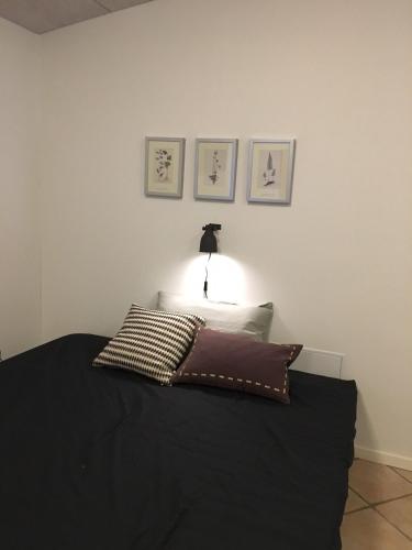 Un dormitorio con una cama negra con una lámpara. en Allesø Gl. sognefoged gård en Odense