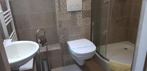 a bathroom with a toilet and a sink and a shower at Pension Casa Leone in Timişoara