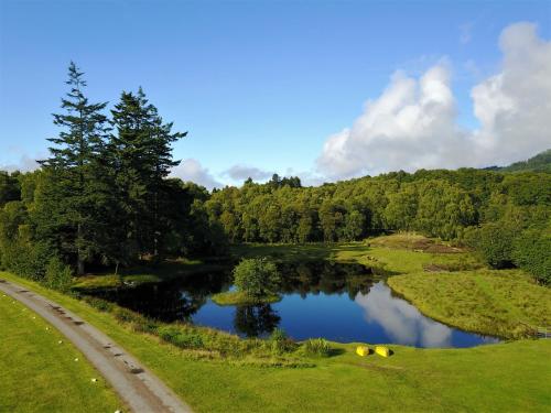 a view of a river with trees and a road at Cabins at Old Pier House in Fort Augustus