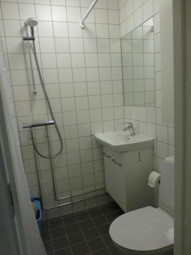 uma casa de banho com um WC, um lavatório e um chuveiro em Australiensvej em Copenhague