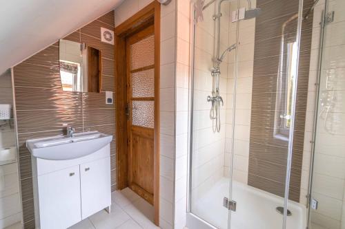 a bathroom with a shower and a sink and a tub at Agroturystyka "U Dyzia" in Kielce