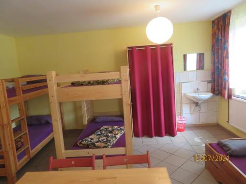 a room with two bunk beds and a sink at Hostel Waldhaus am Ferienpark-Mehrbett-Gruppenzimmer mit Waschbecken in Mirow