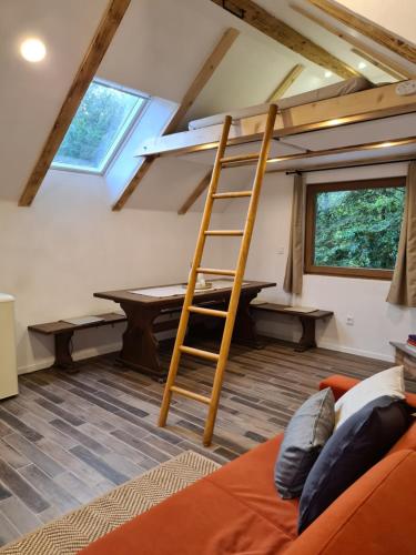 a loft room with a ladder and a pool table at Zidanica Žagar in Dolenjske Toplice