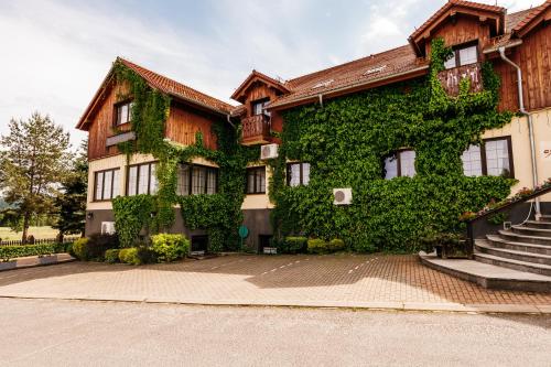 a building covered in ivy next to a street at Hotel Chata Za Wsią in Mysłakowice