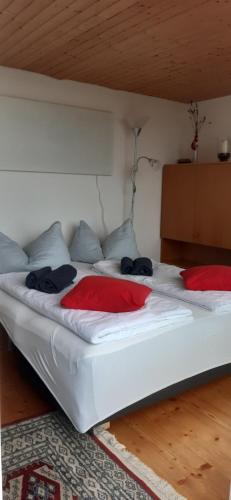 a large white bed with red pillows in a room at Appartement Ingrid in Lochau