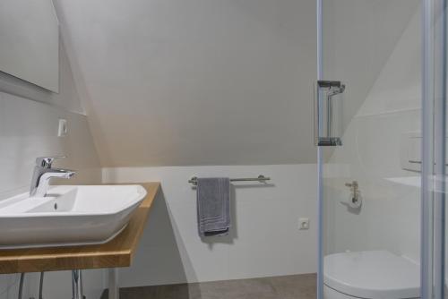 a white bathroom with a sink and a shower at Landhaus Schwerin in Schwerin