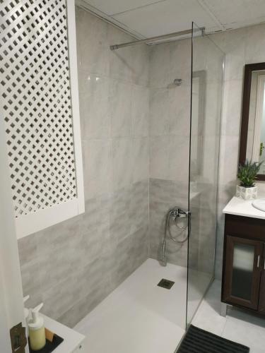 y baño con ducha y puerta de cristal. en Apartamento Miramar, en Málaga