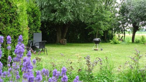 a grill in a field with purple flowers and trees at Apartment ARDA in Spijk