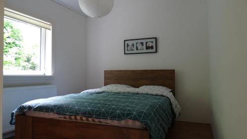een slaapkamer met een bed met een groen dekbed en een raam bij Apartment ARDA in Spijk