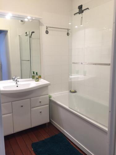 une salle de bain avec une baignoire, un lavabo et une douche dans l'établissement Appartement T3 classé 3 étoiles vue mer avec terrasse ,plage 2 minutes à pied, à Ajaccio