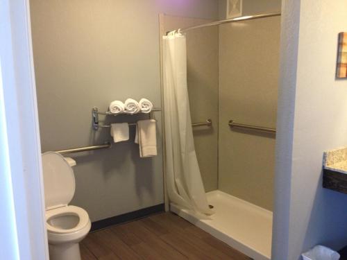 a bathroom with a toilet and a shower at Safari Inn - Murfreesboro in Murfreesboro