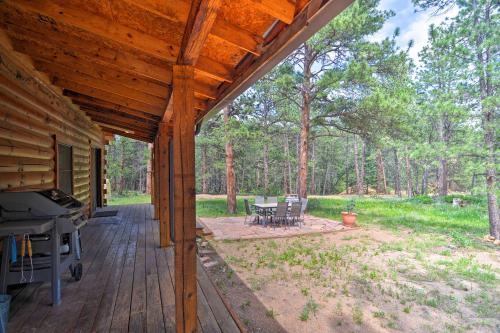 a porch of a cabin with a grill and picnic tables at The Pinecone Palace with Hiking Trail Access! in Lyons