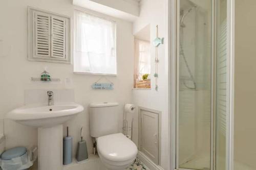 a bathroom with a toilet and a sink and a shower at Dog friendly beachside cottage 2 mins to beach with hot tub in Lessingham