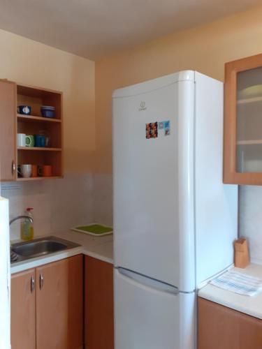 uma cozinha com um frigorífico branco e um lavatório em Privát Čujová em Hrabušice