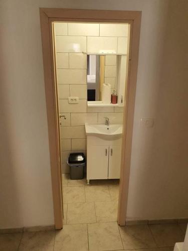 uma casa de banho com um lavatório e um espelho em Aldi 3 em Pula