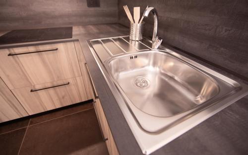 a stainless steel sink in a kitchen with wooden cabinets at Bhotanica - ospitalità e natura in Aosta