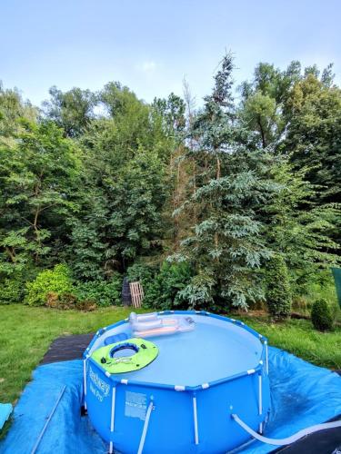 a blue boat on a tarp in a yard at Agroturystka u Basi in Pietrzykowice