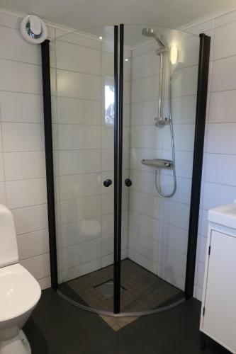 La salle de bains est pourvue d'une douche avec une porte en verre. dans l'établissement Ångsågen, à Skärblacka