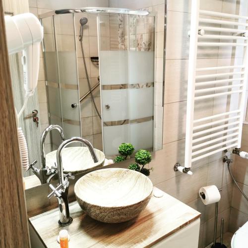 a bathroom with a stone sink and a shower at Doftana Apartaments in Teşila