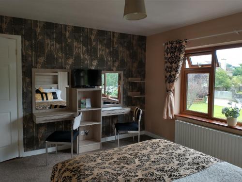 a bedroom with a bed and a desk and a tv at Shepherds Lodge B&B in Killarney