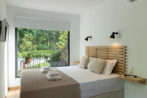 1 dormitorio con 1 cama y ventana grande en Gkaras Campsite & Apartments, en Leptokarya