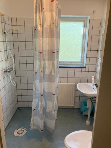 a bathroom with a shower curtain and a sink at Pensionat Ullevi in Ullevi