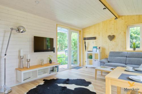 ein Wohnzimmer mit einem Sofa und einem TV in der Unterkunft Moorkoje Worpswede in Worpswede