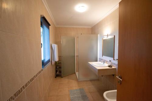 a bathroom with a sink and a toilet and a mirror at Casa dos Cabecinhos in Oliveira do Hospital