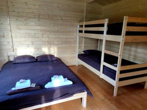 a bedroom with two bunk beds in a cabin at Viesu nams “Bauļi” in Ventspils