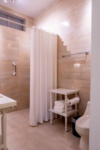 a bathroom with a shower curtain and a toilet at La Casa de Pino in Oaxaca City