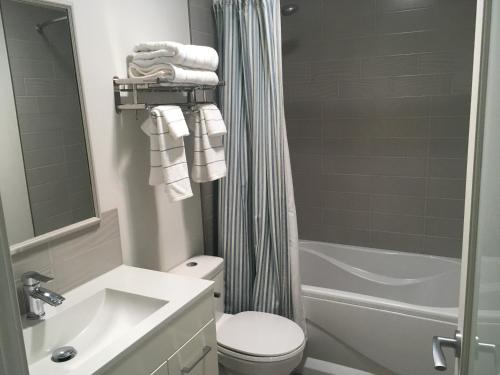 a bathroom with a sink and a toilet and a shower at K STREET CARRIAGE HOUSE Studio in Penticton