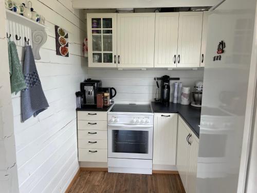 una cocina con armarios blancos y un horno de fogón blanco en Icelandic Lake House, en Akranes