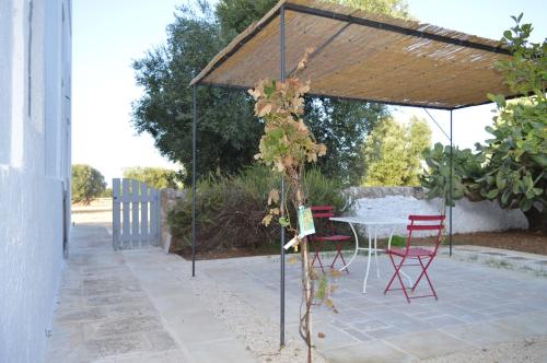 a patio with a table and chairs under a canopy at Masseria Capece in Cisternino