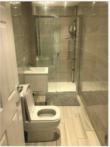 een badkamer met een wit toilet en een douche bij The Bungaloaf in Walton on the Hill