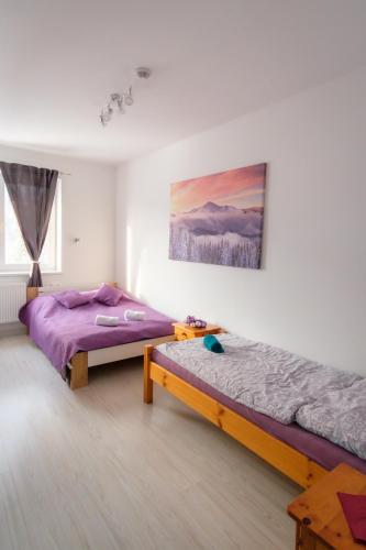 a bedroom with two beds and a painting on the wall at Villa Zarra in Habovka