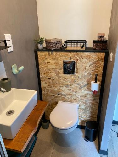 ein Badezimmer mit einem weißen WC und einem Waschbecken in der Unterkunft L’atelier du bonheur in Malandry