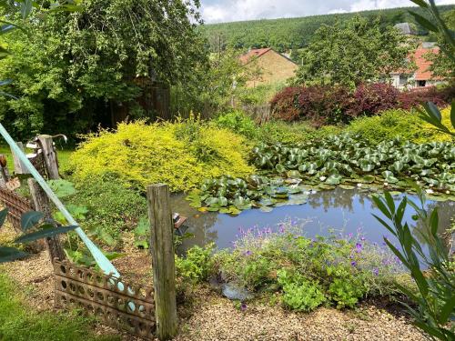 a pond in a garden with flowers and plants at L’atelier du bonheur in Malandry