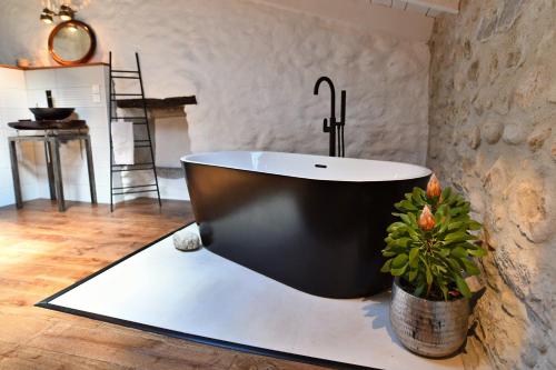 a black bath tub in a bathroom with a plant at Le Bruit de l'Eau (Chambre Loft) in Labeaume