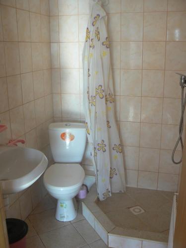 a bathroom with a toilet and a shower curtain at Dom Wczasowy Mikuś in Władysławowo