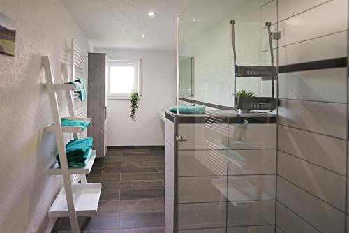 a bathroom with a glass shower and a sink at Haus Tanja in Freudenstadt