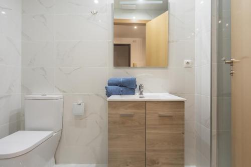 uma casa de banho com um WC, um lavatório e um espelho. em Exclusivo loft nuevo en la plaza del Ayuntamiento em Valência