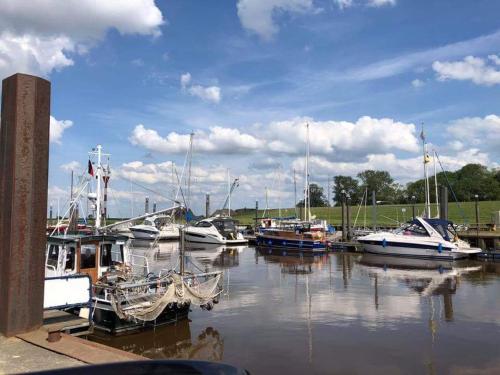 a group of boats are docked in a marina at Tinyhouse am Fluss in Otterndorf