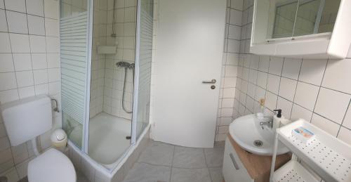 een badkamer met een douche, een toilet en een wastafel bij Ferienwohnung Preveza in Kappeln