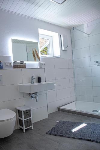 a bathroom with a sink and a toilet and a mirror at Suite Cuveé Zell in Zell an der Mosel