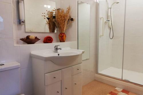 a white bathroom with a sink and a shower at Lane Foot Family accommodation Winter Deals Nov to March on 3 nts or more in Ambleside