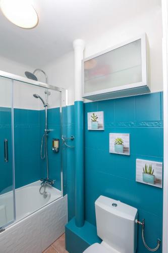 La salle de bains bleue est pourvue de toilettes et d'une douche. dans l'établissement Le Provençale : Plages, Balcon, Clim, à Vallauris