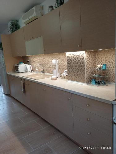 a kitchen with a sink and a counter top at Seashell apartment in Pefkohori
