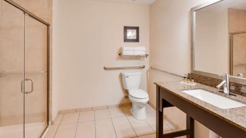 a bathroom with a toilet, sink, and shower at Best Western Plus Atrium Inn & Suites in Clarksville