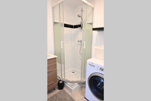 uma máquina de lavar roupa na casa de banho com um chuveiro em TRAVEL Appartement 10mn Aeroport CDG em Villeneuve-sous-Dammartin